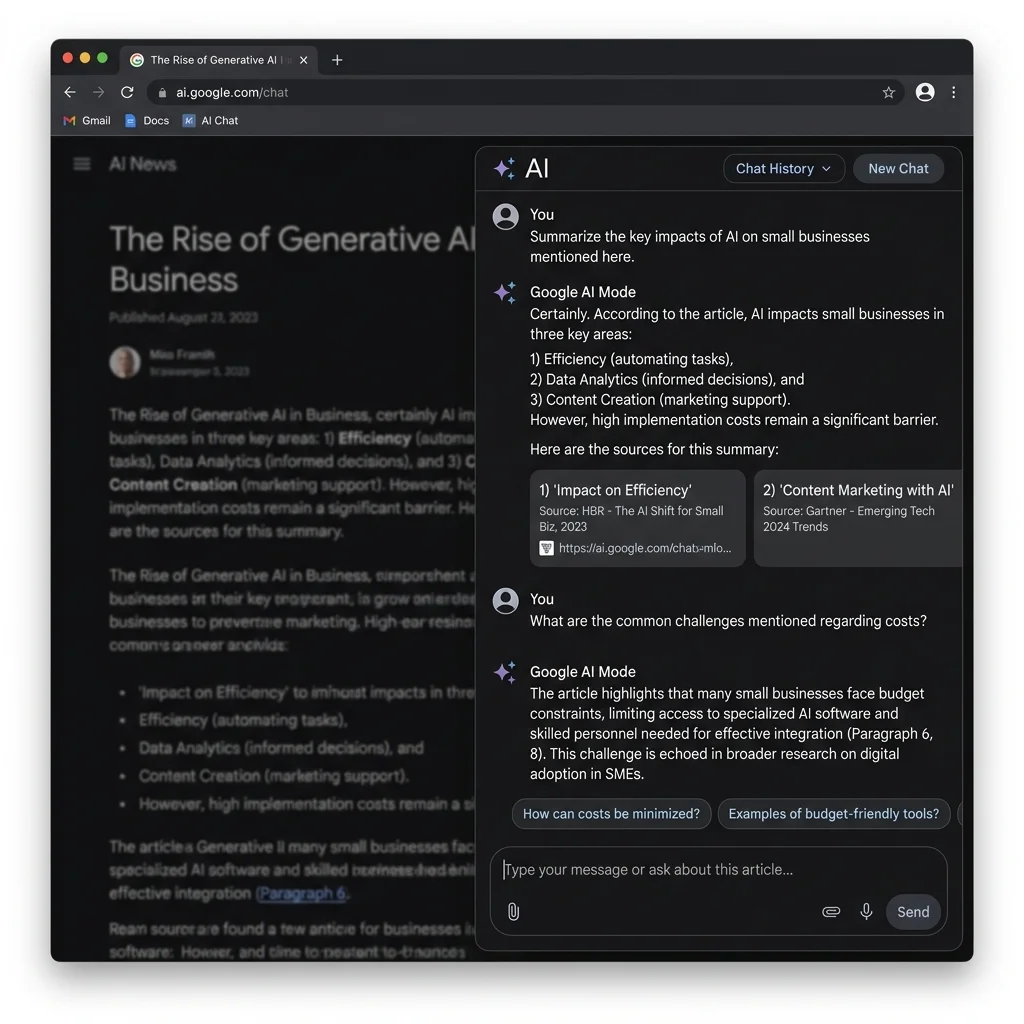 Google AI Mode conversational sidebar interface showing a persistent chat session with follow-up prompts and inline source cards
