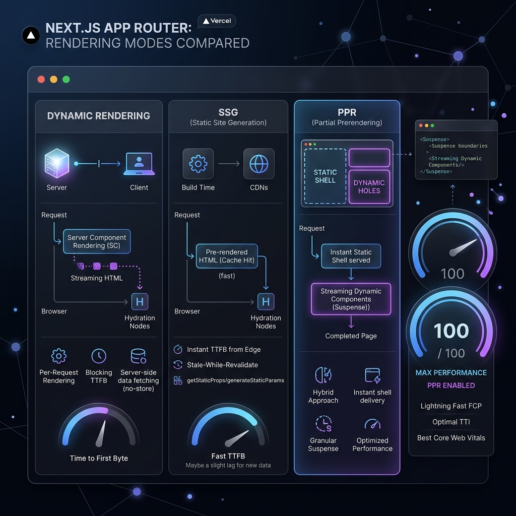 Next.js App Router SEO Playbook: Dynamic Rendering vs SSG vs PPR