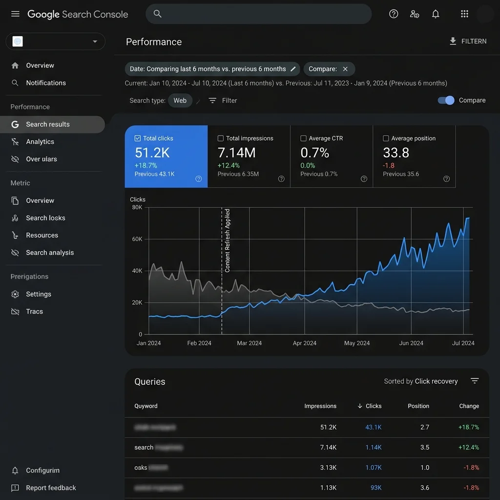 Screenshot: Google Search Console Performance comparison showing traffic recovery after a content refresh