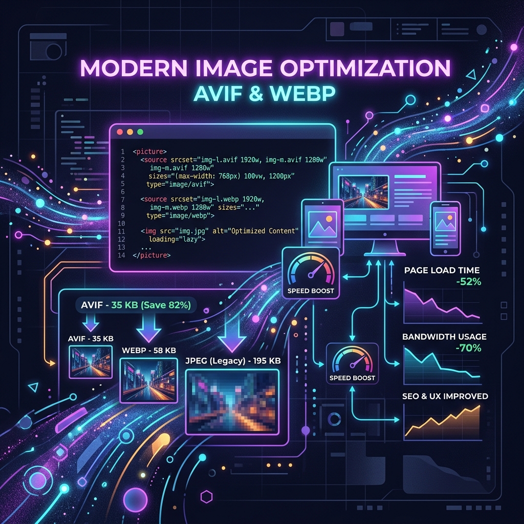 Modern Image Formats (AVIF & WebP): Dynamic srcset & sizes Implementation